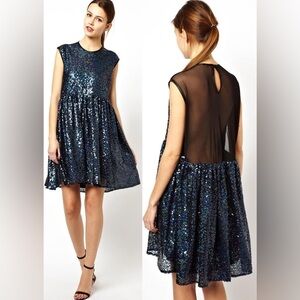 ASOS blue and black sequin mesh back backless cap sleeve dress party event sz 6